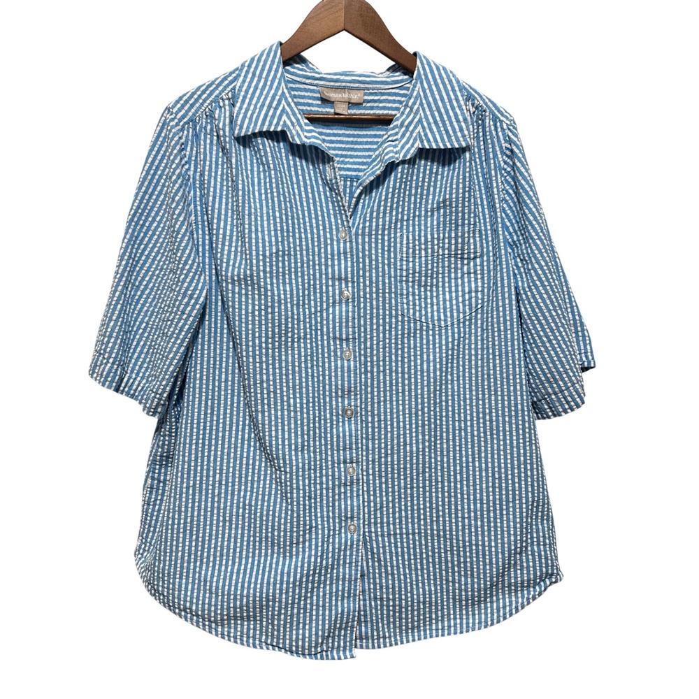 Woman Within Women Coastal Preppy Button Front Seersucker Top 22/24 Blue Striped